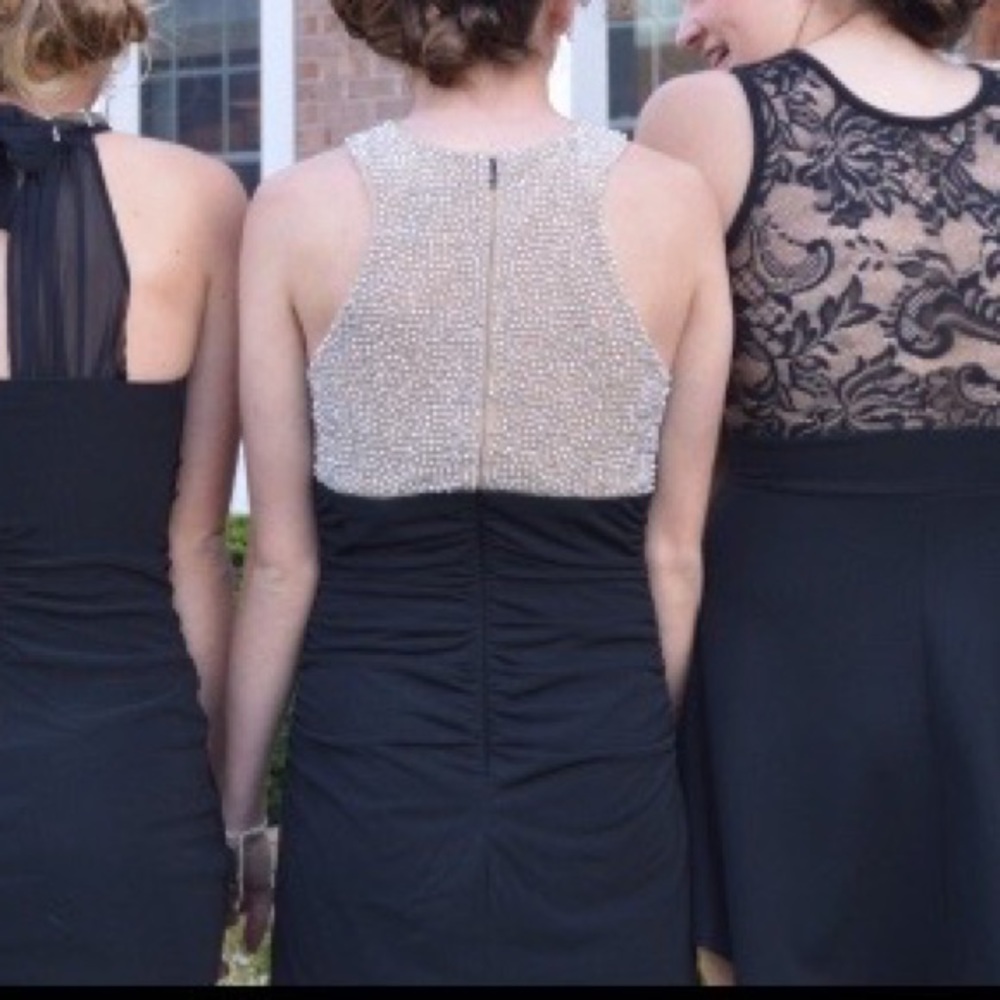 High neck sequined black cocktail dress